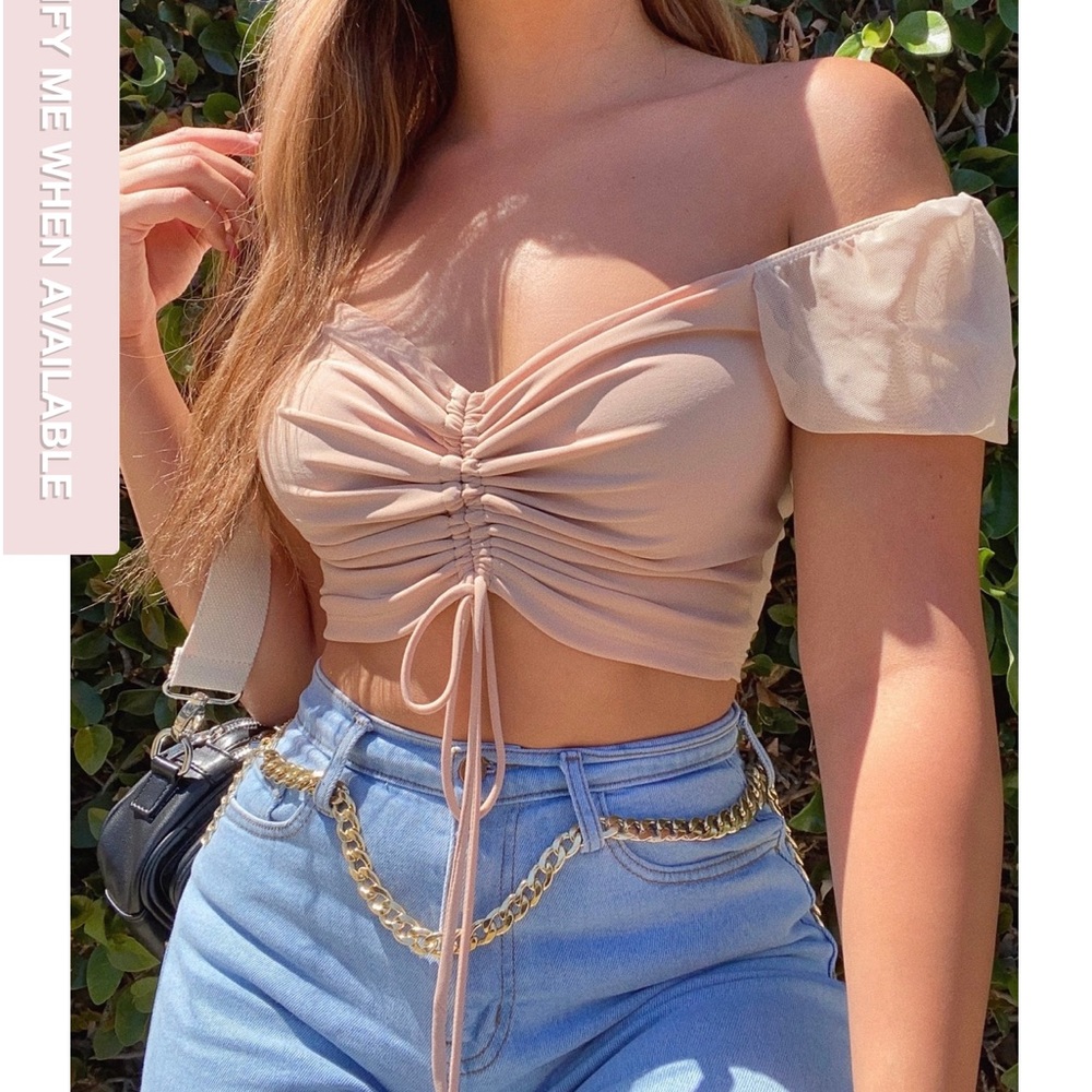 Off or on the shoulder tan tie up top